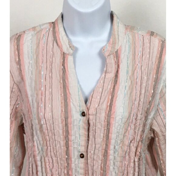 Dressbarn Womens Top Size 1X Pink White Green Striped Button Up Blouse V neck - Picture 2 of 14